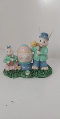 Easter Bunny Family Figurine in Pastel Green and Blue